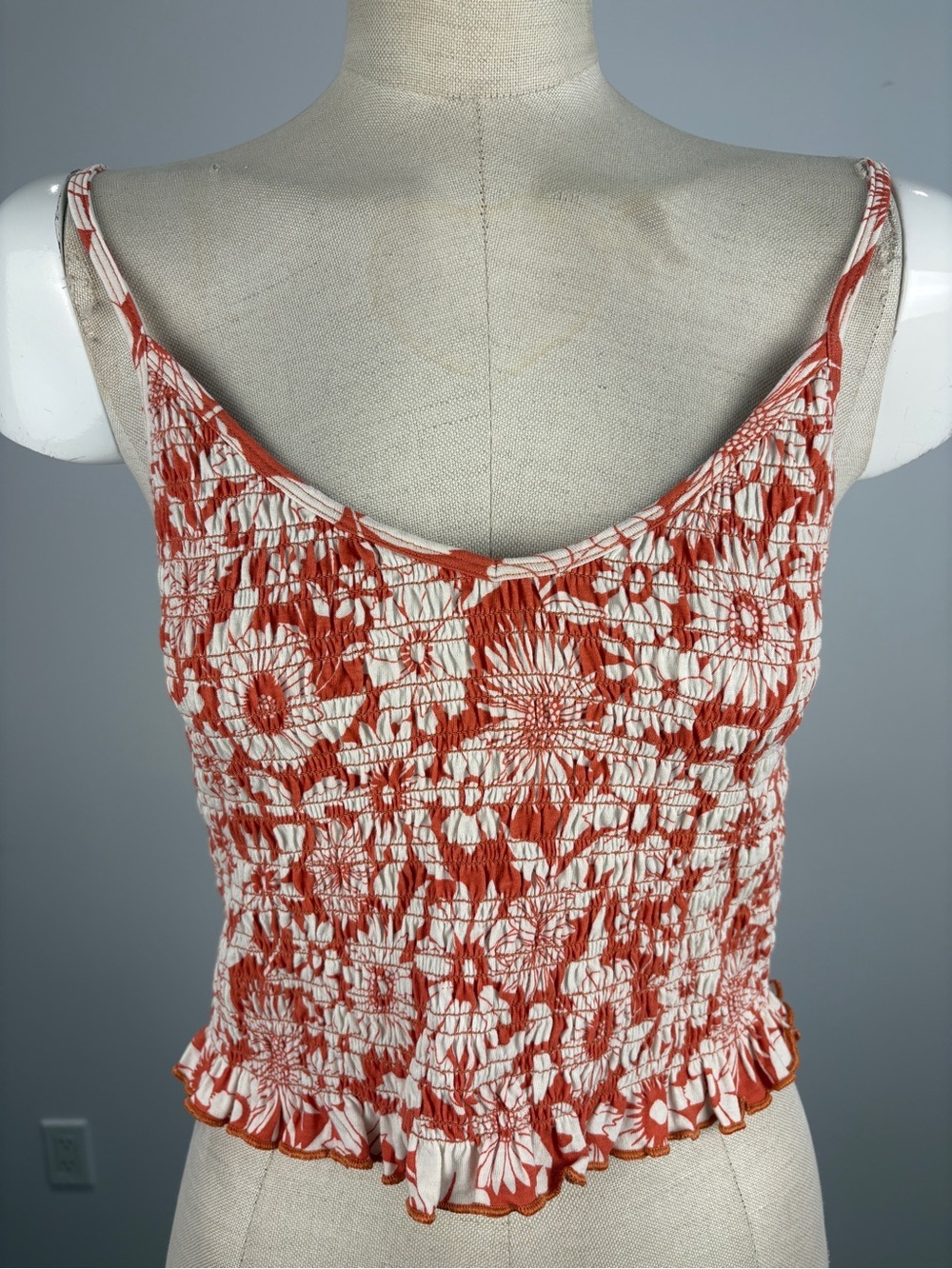 American Eagle Orange Floral Smocked Crop Top Boho Cami Size M